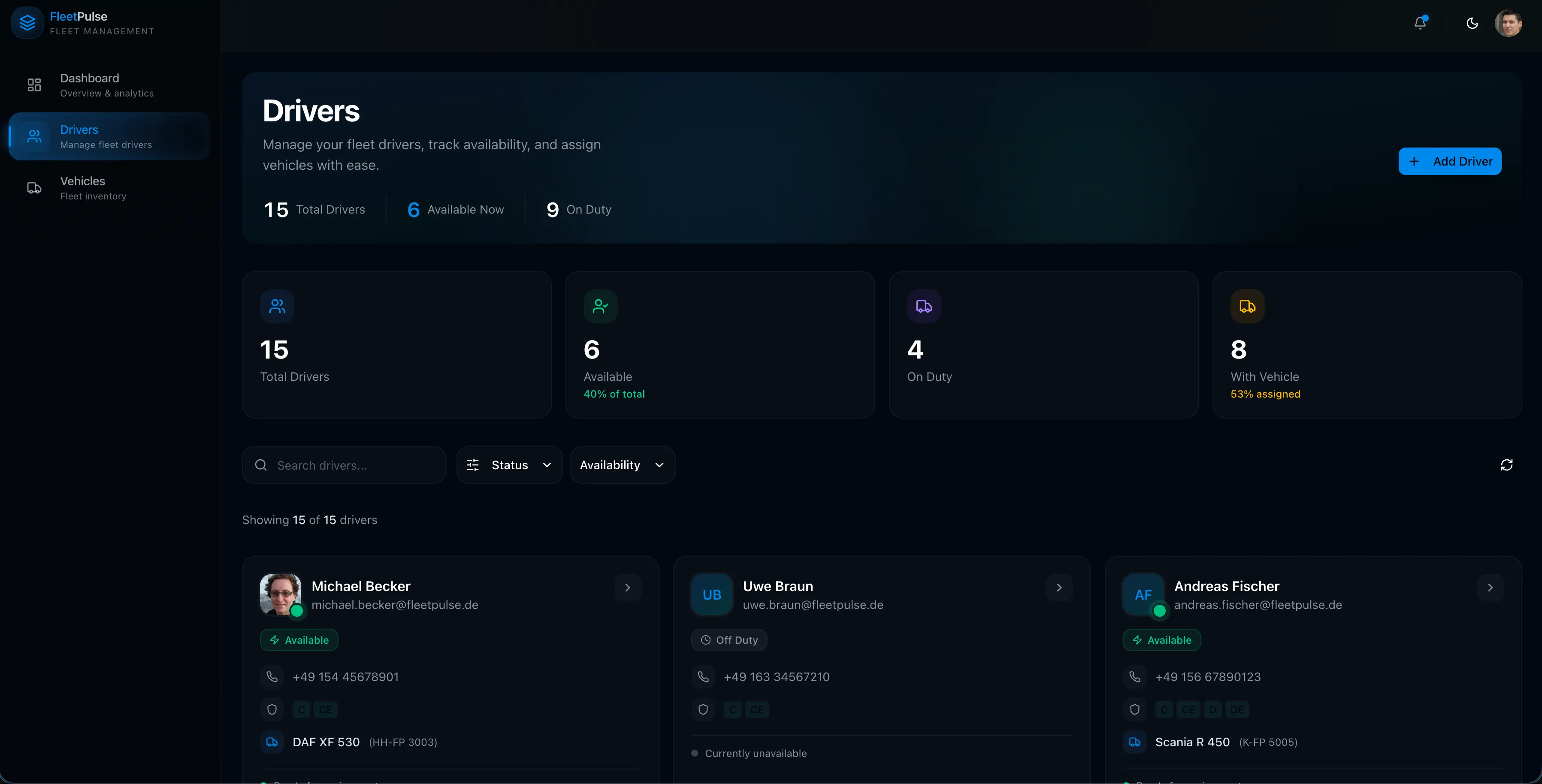 FleetPulse vehicle tracking map view